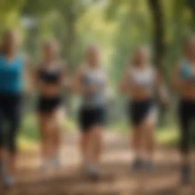 Dynamic group exercise session in a park showing teamwork and motivation