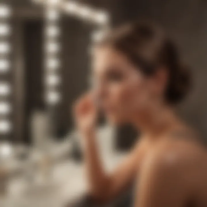 A stylish woman applying a topical hair treatment in front of a mirror