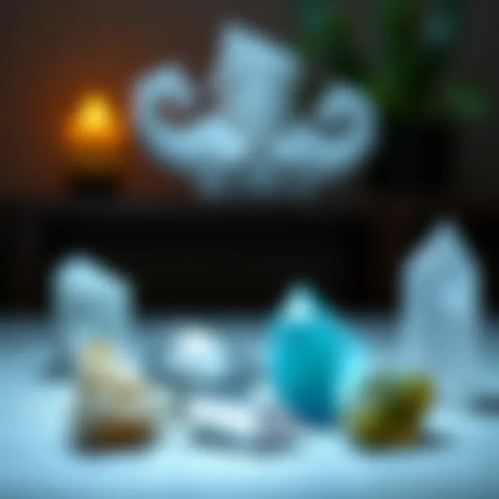 A serene setting featuring crystals used for meditation and relaxation.