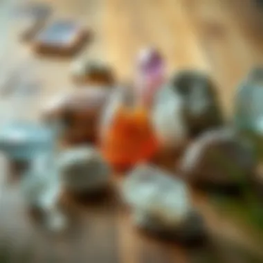 An aesthetically arranged selection of crystals on a natural wooden surface.