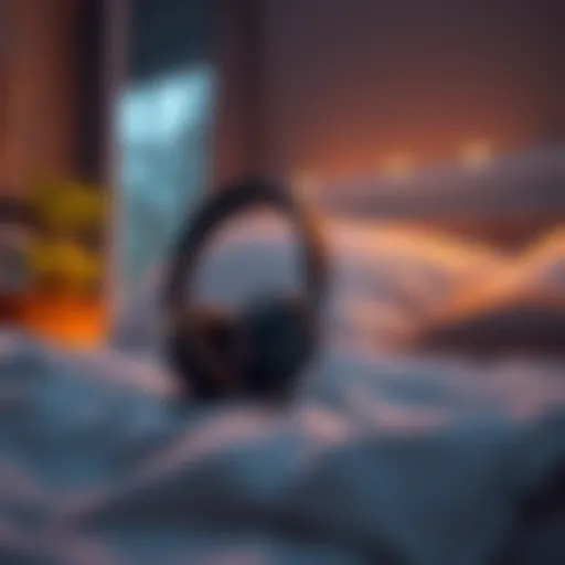 Cozy bed setup with headphones and a calming ambiance