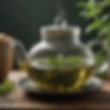 Green tea leaves steeping in a glass teapot