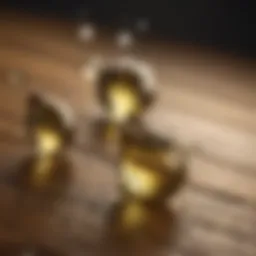 Close-up of castor oil droplets on a wooden surface