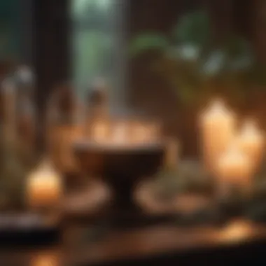 A serene space set up for sage cleansing ritual with candles and crystals