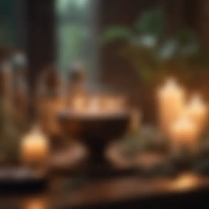 A serene space set up for sage cleansing ritual with candles and crystals