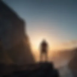 Silhouette of a person standing at the edge of a cliff looking out into the horizon