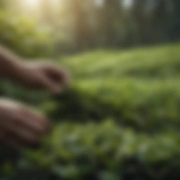 Close-up of green tea leaves being harvested in a lush tea plantation