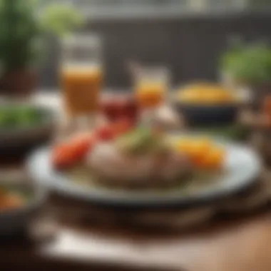 A tranquil scene depicting a balanced meal rich in alkaline ingredients.