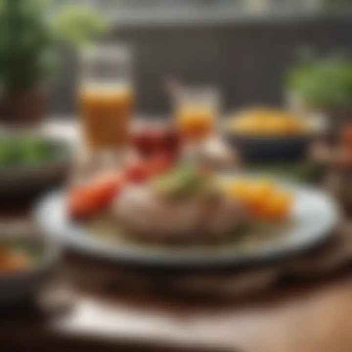 A tranquil scene depicting a balanced meal rich in alkaline ingredients.