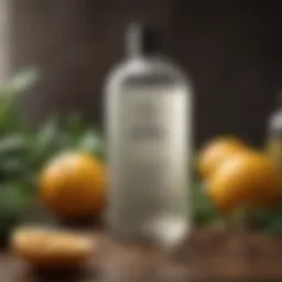 A close-up of a bottle of hydrating shampoo surrounded by natural ingredients.