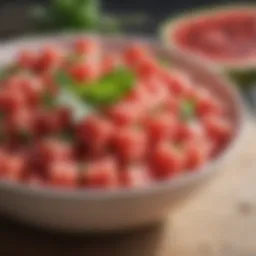 A vibrant bowl of fresh watermelon and mint salad.
