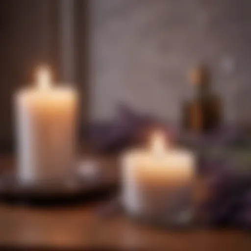 Lavender-scented candle burning in dimly lit room