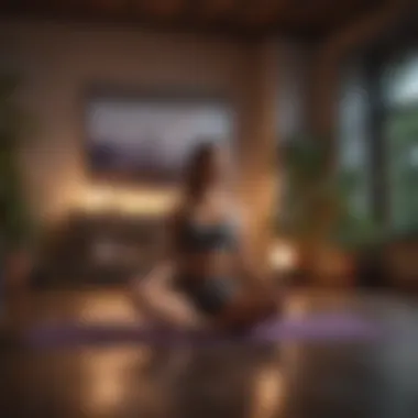 Yoga mat in quiet space with soft glowing lamp