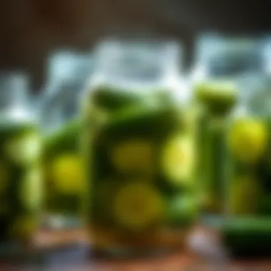 Jars of Brined Cucumbers Jars filled with brine and cucumbers, showcasing the pickling phase