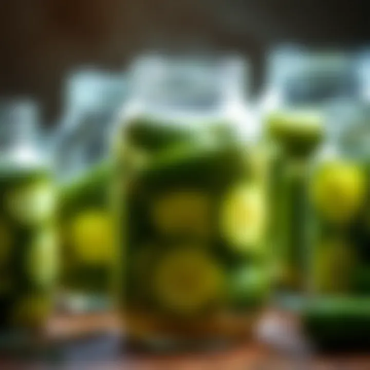 Jars of Brined Cucumbers Jars filled with brine and cucumbers, showcasing the pickling phase