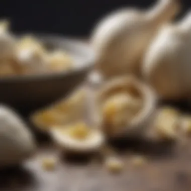 Close-up of crushed garlic bulbs with mortar and pestle