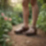 A pair of Dansko walking shoes in a serene garden setting