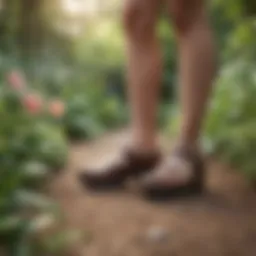 A pair of Dansko walking shoes in a serene garden setting