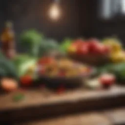 Fresh fruits and vegetables spread out on a wooden table.