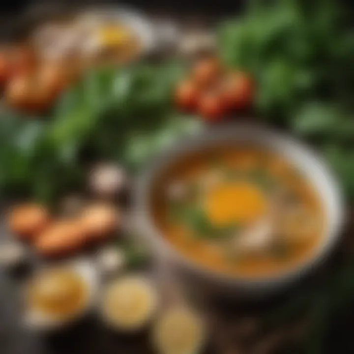 Close-up of fresh ingredients used in bone broth such as herbs and vegetables