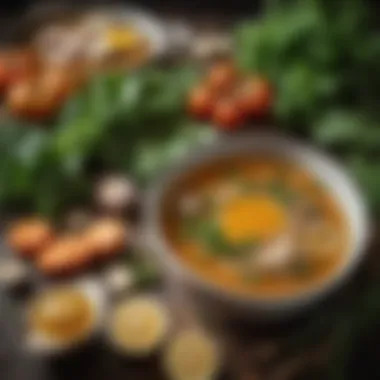 Fresh Ingredients for Bone Broth Close-up of fresh ingredients used in bone broth such as herbs and vegetables