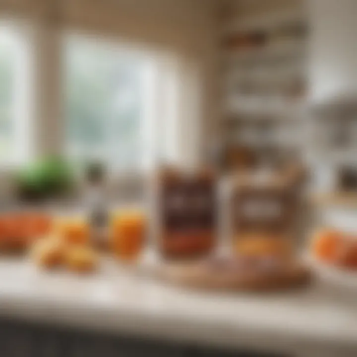 A serene kitchen setting with bone broth packaged products on a countertop