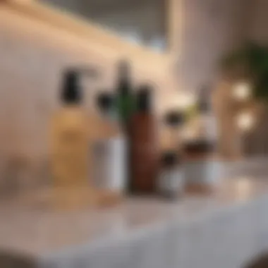 An organized skincare routine displayed on a bathroom shelf
