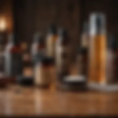 An array of skincare products for beard maintenance on a wooden surface