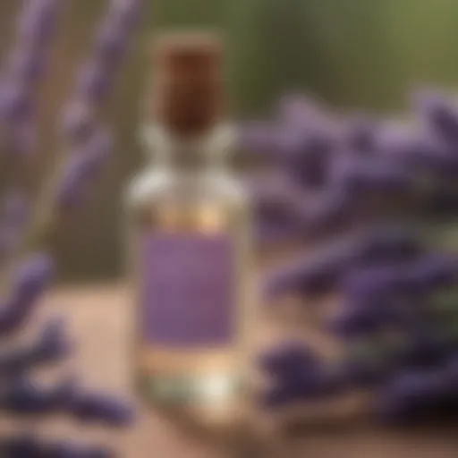 A close-up of lavender essential oil bottle surrounded by lavender flowers