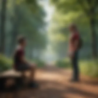 A scenic park with two individuals contemplating their future