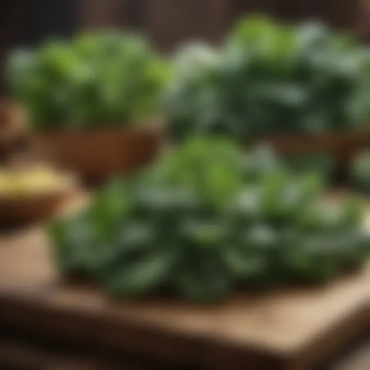 An array of leafy green vegetables like kale and spinach on a rustic table