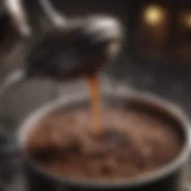 Close-up of coffee grounds being brewed in a French press