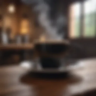 Steaming cup of freshly brewed black coffee on a wooden table