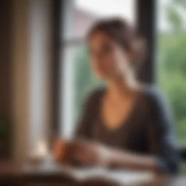 Woman enjoying a cup of coffee while reading a book by the window