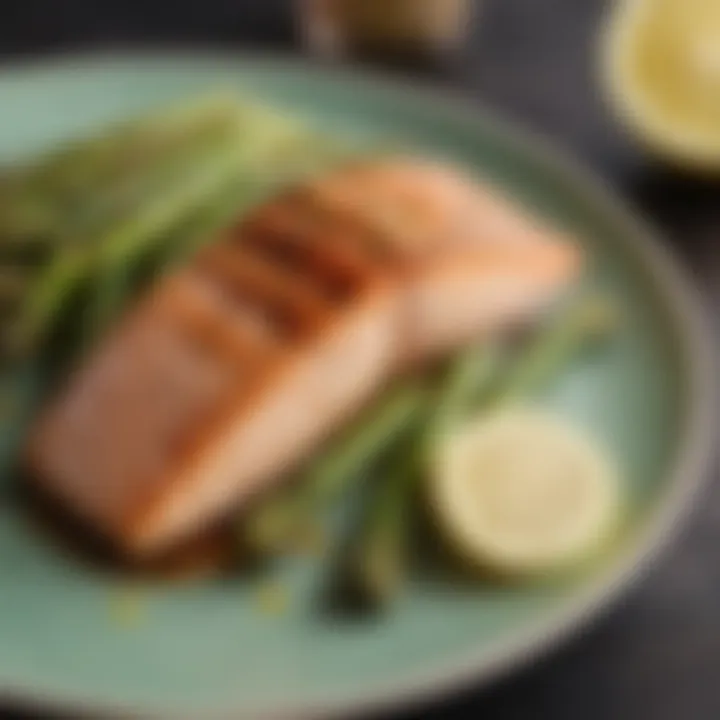 A colorful plate of grilled salmon with asparagus and lemon slices