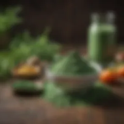 Vibrant green chlorella powder in a bowl surrounded by fresh ingredients