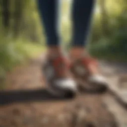 Stylish pair of walking shoes on a sunny trail