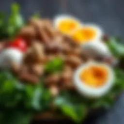 A colorful assortment of biotin-rich foods such as eggs, nuts, and leafy greens.