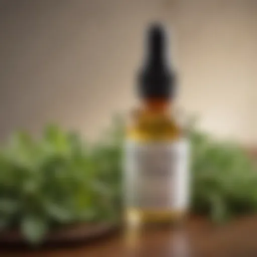 A bottle of white vinegar next to fresh herbs and essential oils, highlighting natural remedies.