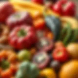 An assortment of colorful fruits and vegetables high in fiber