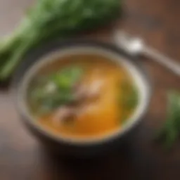 A rich and flavorful bowl of Kelly Petrucci's bone broth garnished with fresh herbs