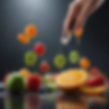Nutritional Array with Liquid Protein Drops An array of colorful fruits and vegetables alongside liquid protein drops.