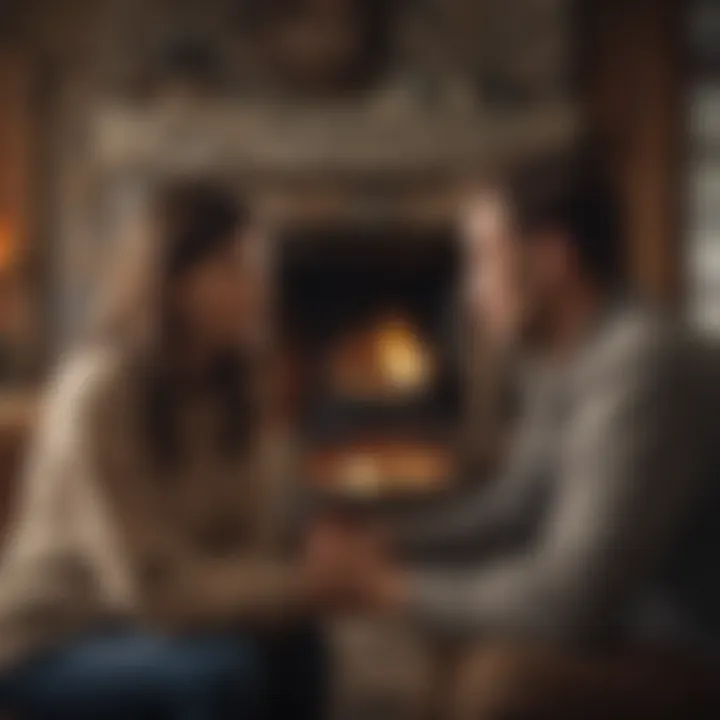 Couple enjoying deep conversation by cozy fireplace