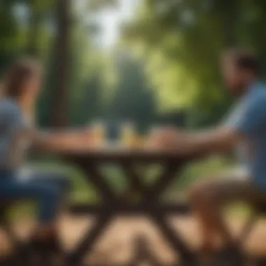 Picnic Table Reflections Couple bonding over meaningful discussion at outdoor picnic