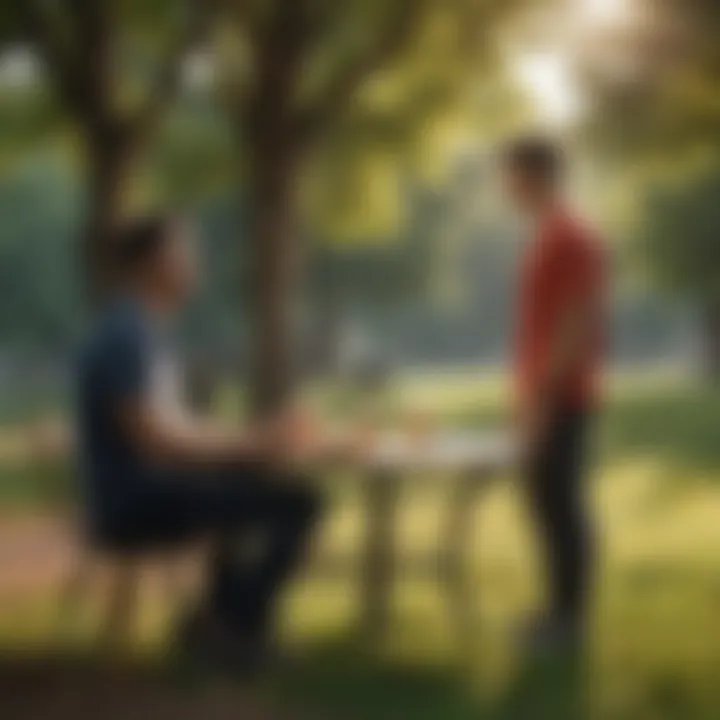 A serene park with two individuals engaging in deep dialogue