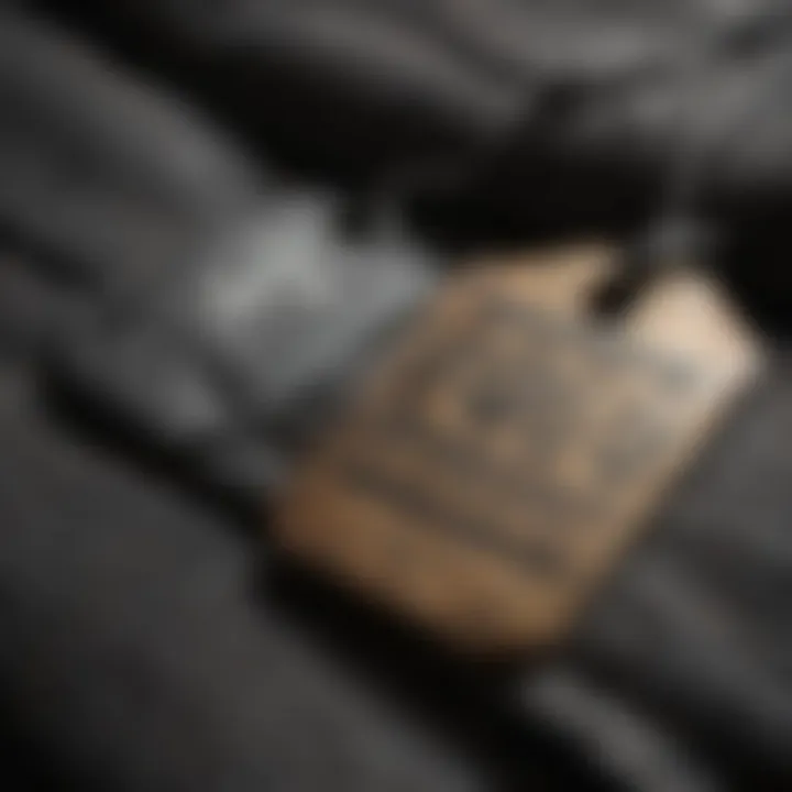 A close-up of clothing tags, highlighting brand details and quality indicators.