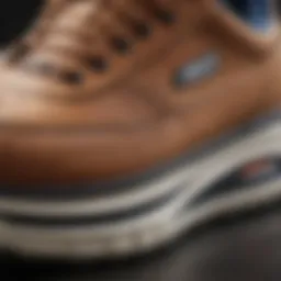 A close-up view of Sketchers size 14 shoe demonstrating craftsmanship and design details
