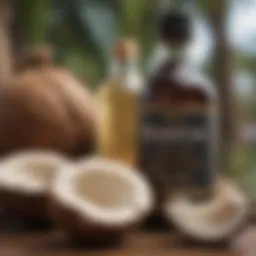 A bottle of MCT oil with coconuts in the background