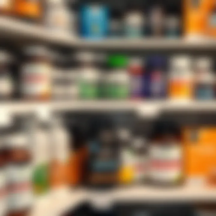 Popular Antioxidant Supplements A well-organized shelf displaying various popular antioxidant supplements in their packaging.