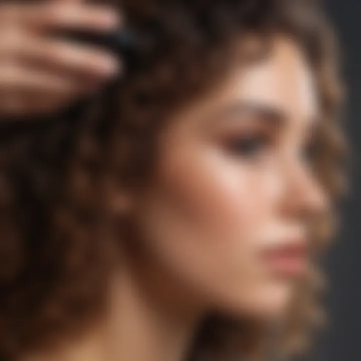 Close-up of a serum being applied to curly hair